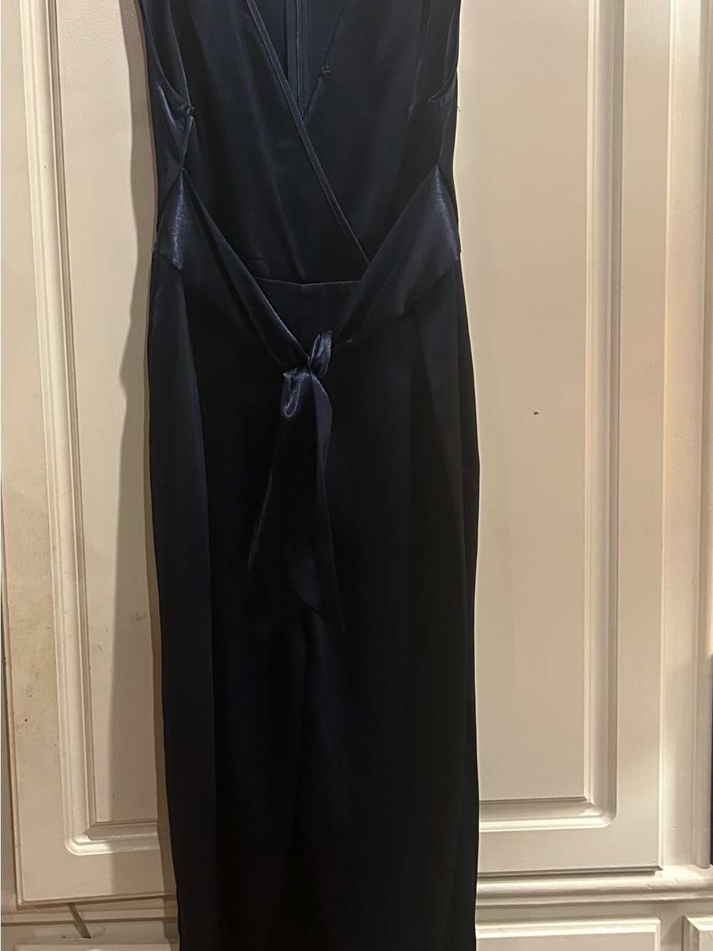 Navy Satin Wrap-Front Jumpsuit - Picture 15 of 15
